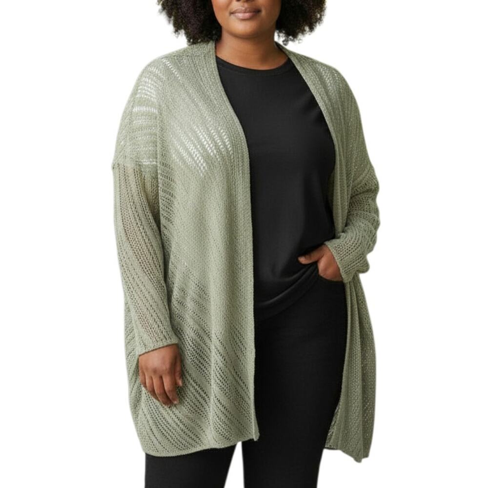 Vintage Gispa Knit Cardigan Womens 3X Plus Olive Green Rayon Blend Italy Sheer